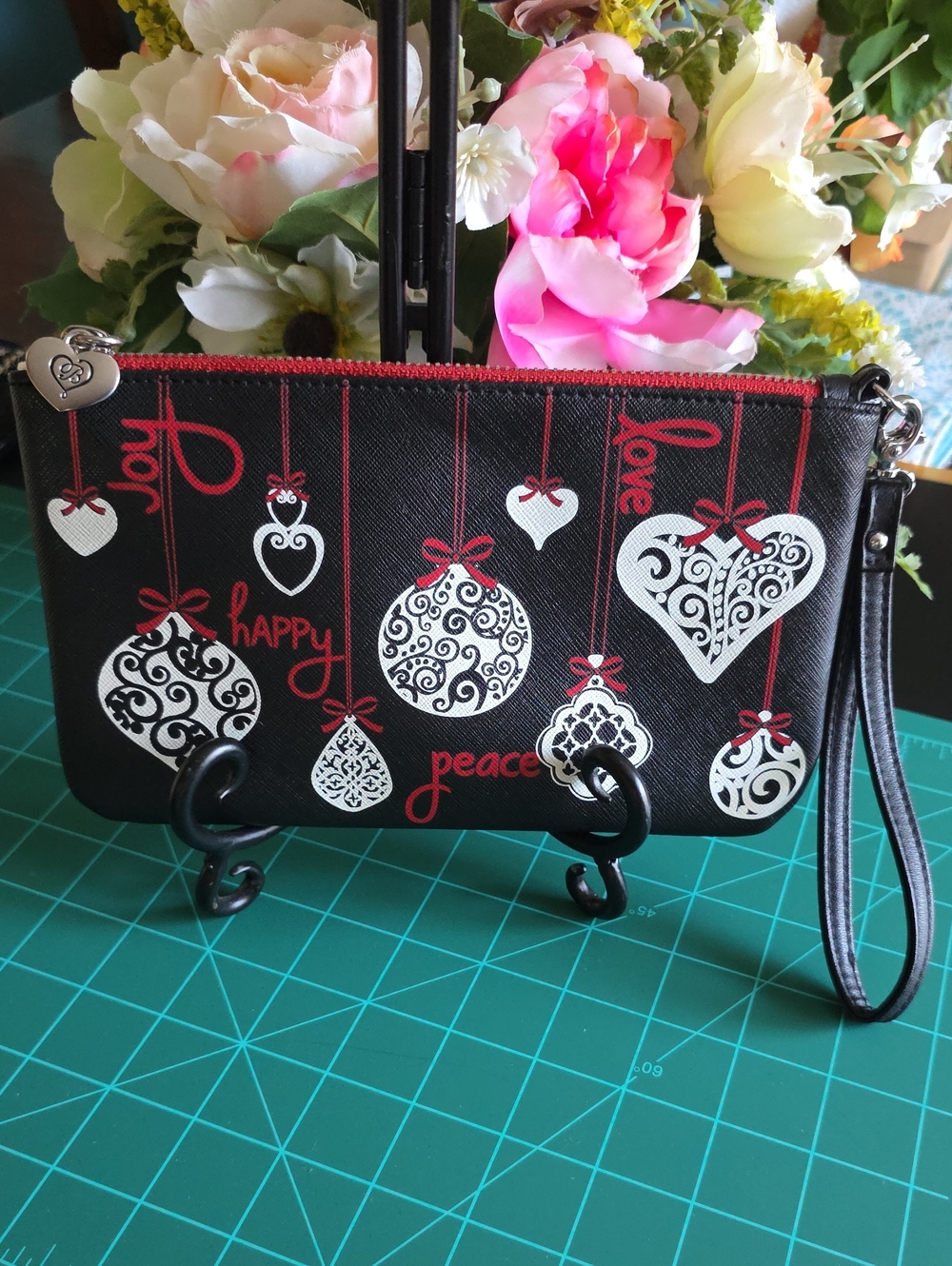 BRIGHTON Holiday Joy Black Wristlet Clutch - Decorative Hearts & Ornaments